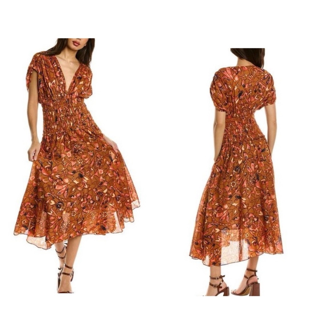 A.L.C. Lucia Floral Smocked Midi Dress Burnt Orange Womens 4 Shirred Bodice NEW‎